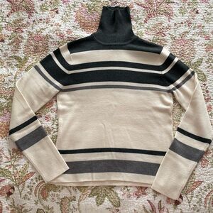 Ann Taylor Loft Black and Cream Wool Striped Turtleneck Sweater